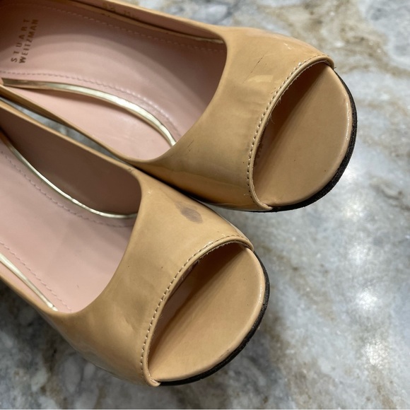 Stuart Weitzman Beige Nude Patent Leather Peep Toe Pump Women’s Size 8.5 - Picture 8 of 13